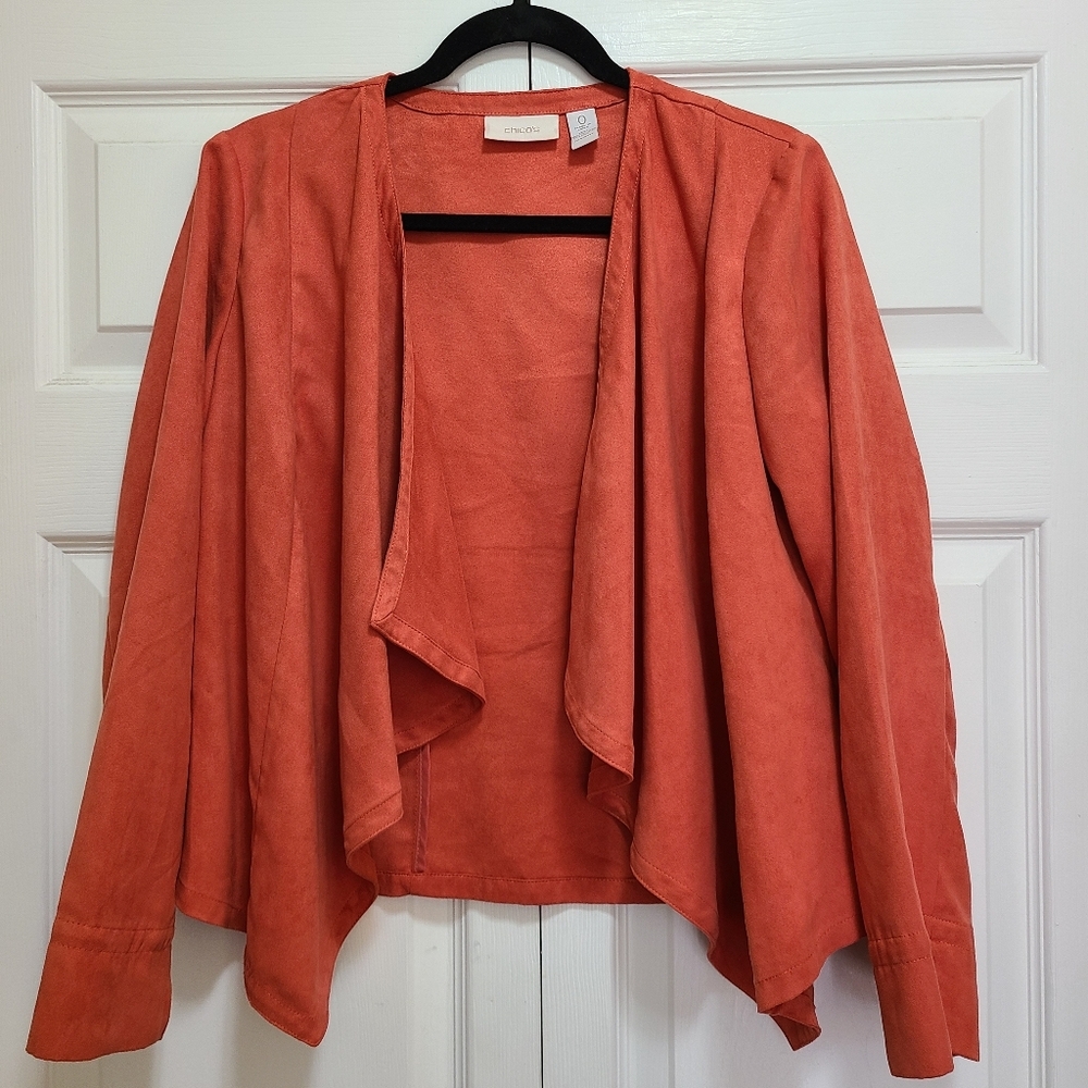 Chico's faux suede Cascading Waterfall Marleena open front Orange jacket‎ xs